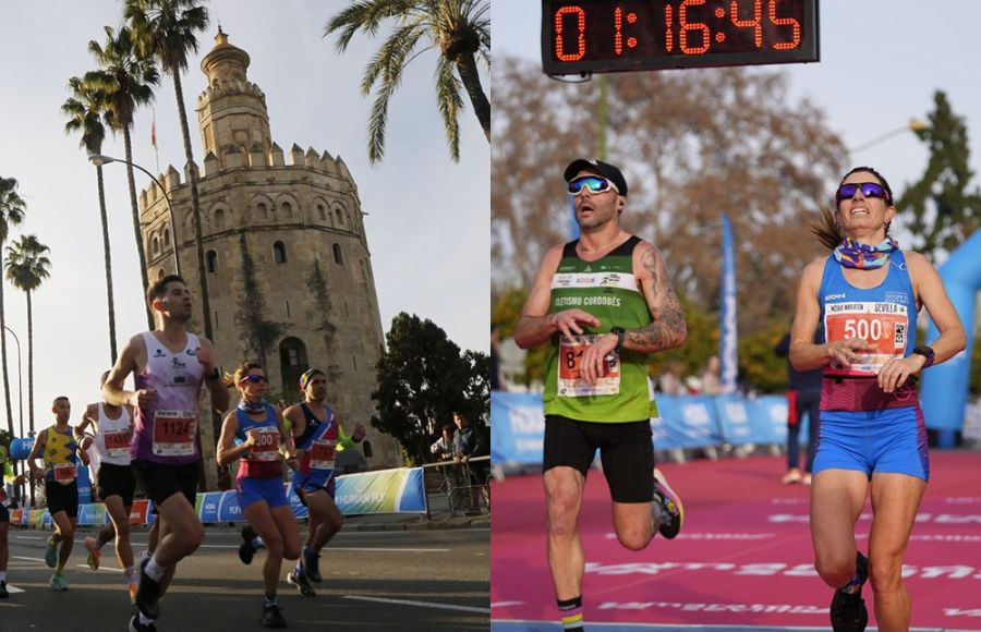 Tamara Pérez, a su paso por la Torre del Oro y en su llegada a la meta. 