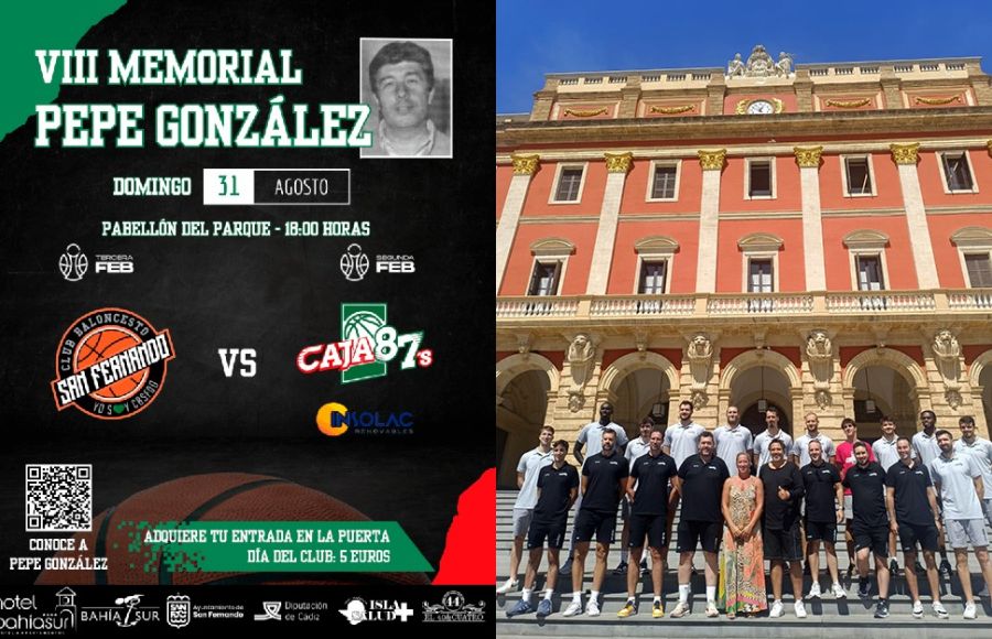 El cartel del Memorial Pepe González y el Caja 87's de Sevilla, junto a la presidenta del CB San Fernando, María Gómez, este mediodía en el atrio del espectacular Ayuntamiento isleño. 