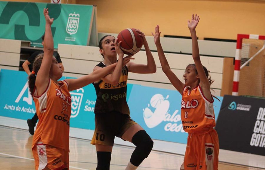 Una jugadora de El Palo intenta frenar la entrada a canasta de Julia Patiño, de la SD Candray. 