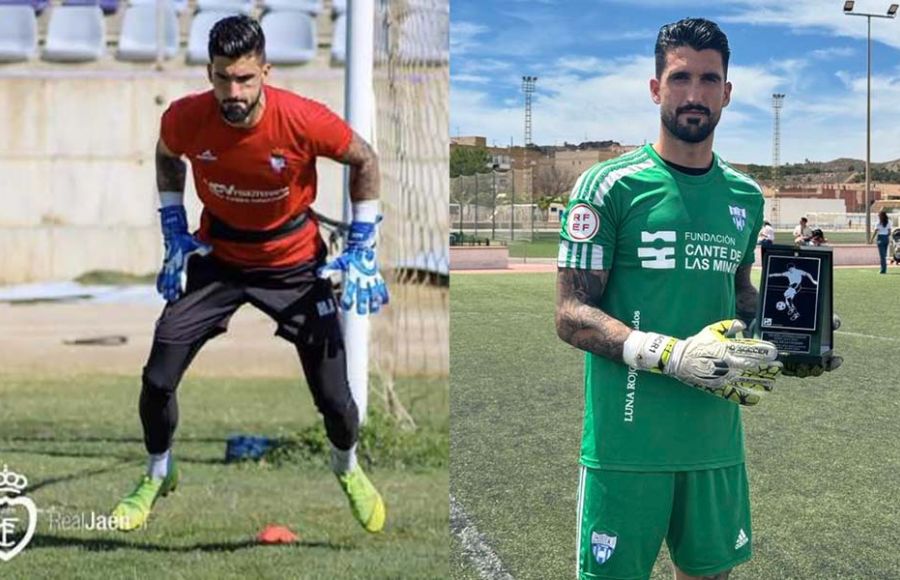 Ángel de la Calzada, entrenando con el Real Jaén y recibiendo un premio al jugador más brillante de La Unión Atlético. 