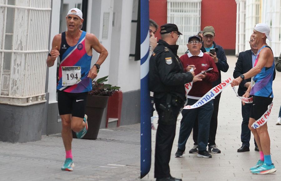 Carlos Sánchez Quevedo, en la recta final de la carrera y en su llegada a la meta instalada en la Alameda Moreno de Guerra.