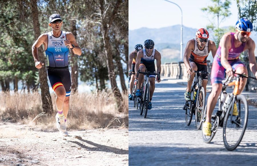 Rafael Carralero, durante la carrera a pie que cerró la prueba y a la derecha aparece al fondo en la prueba de ciclismo.