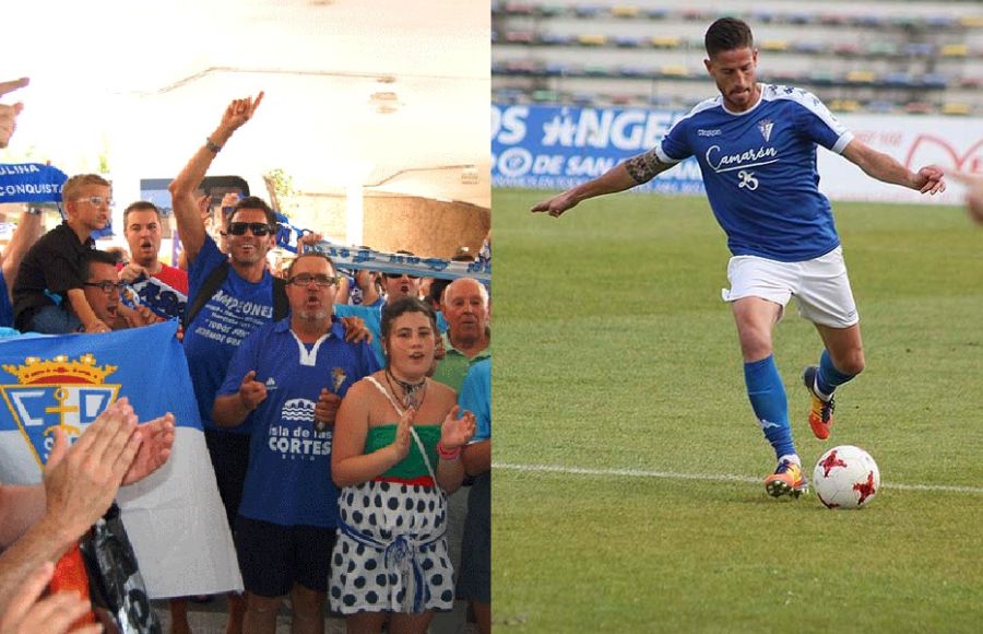 Pedro Carrión, junto a los aficionados isleños tras el ascenso de 2012 en Álava, y Juanje Torrejón se dispone a pegarle a la pelota con su excelente zurda.