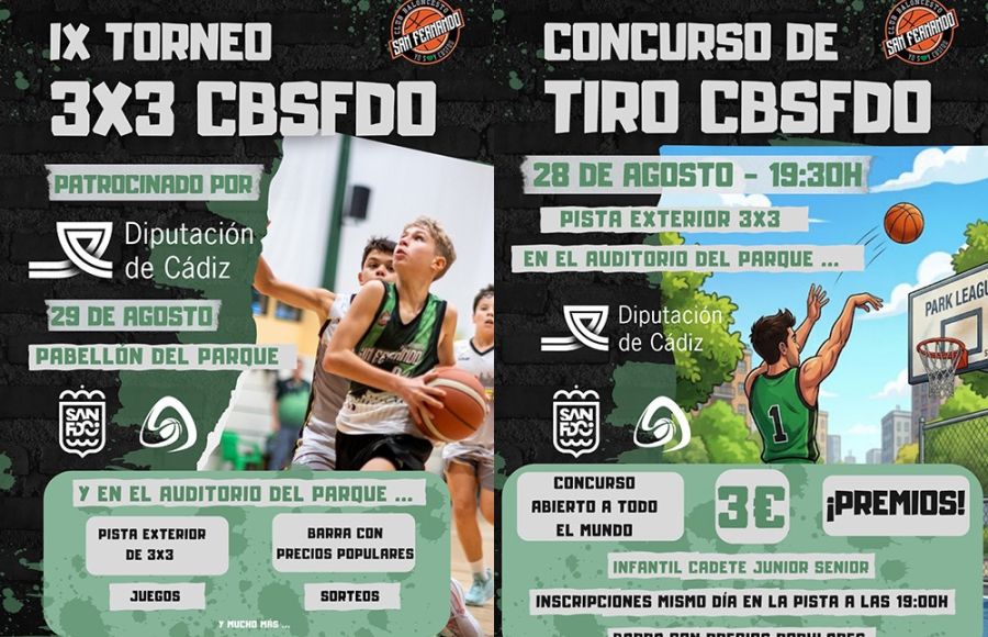 Los carteles del torneo 3x3 y del concurso de tiro.