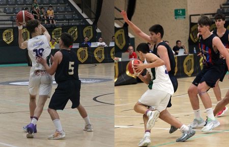 Guillermo del Pino volvió a brillar en el Unicaja ante el FC Barcelona y a la derecha el base isleño Javier Ortega, del Unicaja, entra a canasta. 