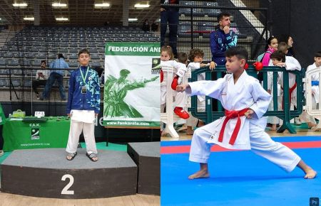 Javier Lupiani en el podio y Juan Villegas sobre el tatami en katas.