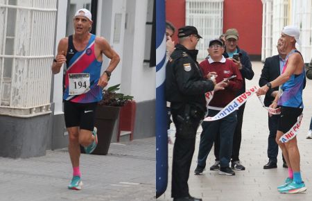Carlos Sánchez Quevedo, en la recta final de la carrera y en su llegada a la meta instalada en la Alameda Moreno de Guerra.