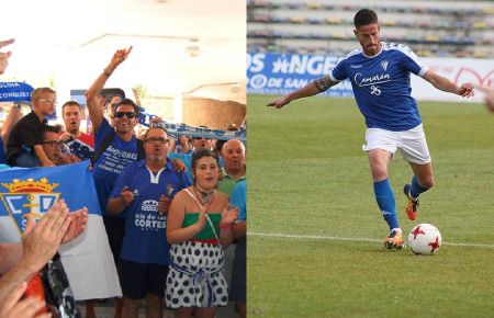 Pedro Carrión, junto a los aficionados isleños tras el ascenso de 2012 en Álava, y Juanje Torrejón se dispone a pegarle a la pelota con su excelente zurda.
