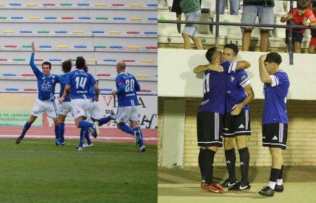 14 años y 8 meses separan estas dos fotos de Pedro Carrión. Celebrando su primer gol con el San Fernando CD, al Sanluqueño el 23 de enero de 2011 en Bahía Sur y a la derecha es felicitado tras marcarle al Xerez DFC el pasado jueves. 
