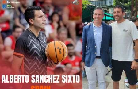 Alberto Sánchez, en un partido de competición europea y con Adolfo Magrañal, delegado provincial de la FAB, en el 3x3 Caixabank del 1 de mayo en San Fernando. 