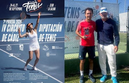 El cartel del Circuito Diputación de tenis y a la derecha, Pachi Mateo. 